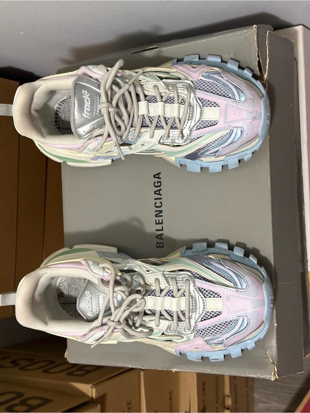Balenciaga Women's Pastel Multicolor Track Sneakers — Pink, Blue, Mint, Silver